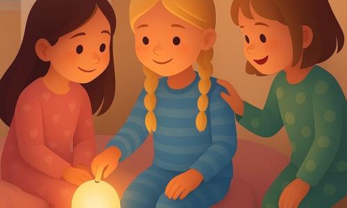 Ci sono tre bambine: Anna, circa 7 anni, capelli castani lunghi, in pigiama rosa a cuori, seduta sul letto a sinistra che sorride timidamente e tiene la mano di Sofia; Sofia, circa 8 anni, capelli biondi in due trecce, in pigiama blu a righe al centro che accende la luce della lampada da notte con aria sicura; Chiara, circa 7 anni, capelli castano chiaro a caschetto, in pigiama verde a pois a destra, si china verso Anna sorridendo con una mano sulla sua spalla. La stanza è accogliente con pareti color crema, tappeto beige, peluche sparsi, grande finestra con tende bianche chiuse e letto con coperta rosa; la lampada rotonda sulla piccola notte emette una luce calda arancione-gialla che crea ombre morbide e un'atmosfera rassicurante mentre le tre amiche controllano la camera prima di dormire.