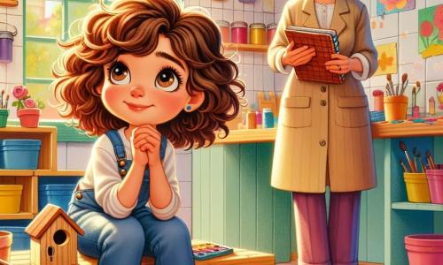 Una ragazza di 10 anni, Sofia, con i capelli castani ricci e gli occhi brillanti di curiosità, è accovacciata su un banco di bricolage in legno, tenendo un piccolo quadernino a quadretti tra le mani, con un'espressione determinata ed entusiasta sul viso. Accanto a lei, l'insegnante Roberta, una donna di circa quarant'anni con occhiali rotondi e un sorriso caloroso, osserva Sofia con benevolenza, le braccia incrociate, vicino a un tavolo pieno di strumenti colorati. Il laboratorio di bricolage è un luogo luminoso, con pareti dipinte di giallo pastello, scaffali carichi di barattoli di vernice multicolore e finestre che lasciano entrare la luce del sole, illuminando i pezzi di legno e i frammenti di vernice sparsi sul pavimento. Sofia esamina attentamente una mensola vuota, cercando indizi per risolvere il mistero della casetta per uccelli scomparsa, mentre risate di bambini risuonano all'esterno, aggiungendo un'atmosfera gioiosa alla scena.
