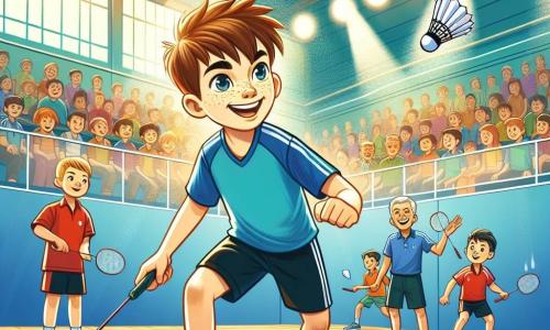 A 12-year-old boy, Jamie, stands in the center of a badminton court, his face radiant with determination and joy. He has messy brown hair, freckles on his nose, and wears a bright blue t-shirt with black shorts. Jamie holds his racket, ready to hit the shuttlecock flying towards him, his eyes shining with excitement. To his right, Alex, also 12, with short blonde hair and a confident smile, prepares to serve. He wears a red jersey and white shorts, displaying a competitive stance. In the background, Coach Sam, a tall and smiling man in his 40s, watches proudly with crossed arms, ready to encourage Jamie. The badminton court is bright, with crisp white lines on polished wood, surrounded by enthusiastic spectators applauding and cheering for the players. Colorful banners float above, adding to the festive atmosphere. The main scene shows Jamie in action, ready to hit the shuttlecock powerfully, while Alex stands poised to defend his side of the court. The energy of competition and sportsmanship is palpable, capturing the essence of a pivotal moment in their match.