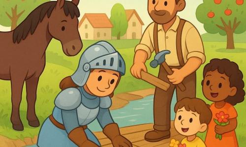La cavalleressa è al centro, sorridente e concentrata, con elmo argenteo lucente, cotta d'armi azzurra chiara e guanti di cuoio marrone, mentre posa tavole di legno su un ponte rotto; a sinistra un cavallo baio scuro calmo con la testa bassa e gli zoccoli sulla riva la guarda protettivo; un contadino adulto con camicia beige, bretelle e cappello pianta un chiodo vicino a lei sul ponte riparato; sulla riva una bambina e un bambino tengono fiori, occhi spalancati e sorrisi ammirati; scena su un ponte di legno parzialmente rotto sopra un fiume limpido, sponde erbose, case del villaggio con tetti rossi e alberi da frutto sullo sfondo; la cavalleressa ripara il ponte con aiuto, gesti calmi e determinati, luce soffusa del tardo pomeriggio e atmosfera calda e rassicurante.