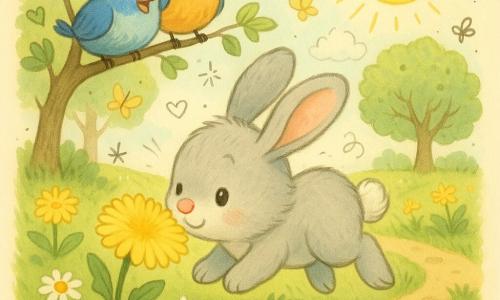 Bibo, un coniglietto piccolo grigio chiaro e morbido con zampette tonde, nasino rosa, occhi tondi brillanti e lunghe orecchie morbide, dall'espressione curiosa e gioiosa, salta e annusa un grande fiore giallo; due uccellini rotondi e soffici dalle piume blu e arancioni cantano su un ramo sopra di lui; una fila di formiche nere porta minuscole briciole sull'erba vicino al sentiero; sullo sfondo un ruscello scintillante con ciottoli e muschio; paesaggio primaverile con prato verde, fiori selvatici (soffioni, margherite), alberi, cielo azzurro chiaro, sole dolce e farfalle gialle; scena mattutina luminosa e pacifica, composizione centrata su Bibo che esplora il boschetto vicino al ruscello.