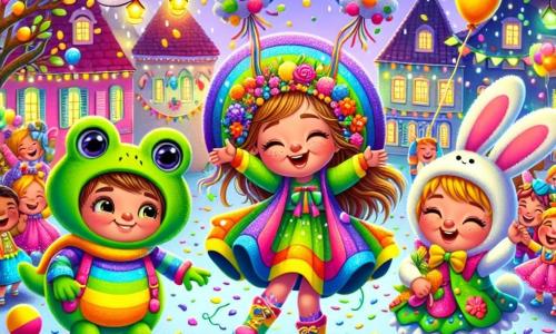 Ein 8-jähriges Mädchen, Lilli, strahlend und voller Freude, trägt einen bunten Regenanzug mit einem großen Regenbogenmantel und einem Haarband, das mit kleinen Baumwollwolken verziert ist. Sie springt vor Glück, ihre Augen glänzen vor Neugier und Aufregung. Neben ihr steht Paul, ein 8-jähriger Junge, der als Frosch verkleidet ist, mit glänzender grüner Haut und runden Augen, lächelnd und einen kleinen Ballon haltend. Hanni, ein 7-jähriges Mädchen, ist als Hase mit großen weißen Ohren und einer Plüschkarotte gekleidet und tanzt fröhlich um sie herum. Die Szenerie zeigt ein Karnevalsviertel mit bunten Häusern, die mit glitzernden Girlanden geschmückt sind, schwebenden Laternen und Kindern in verschiedenen Kostümen, die tanzen und lachen. In der Mitte steht ein großer Baum, geschmückt mit bunten Bändern und sanft fallenden Konfetti. Die Hauptsituation zeigt Lilli, Paul und Hanni, die eine glänzende Karte auf dem Boden entdecken, umgeben von anderen fröhlichen Kindern, während sie sich auf die Suche nach einem versteckten Schatz machen, ihre Gesichter erleuchtet von der Aufregung eines magischen Abenteuers.