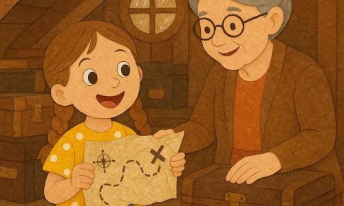 A curious, enthusiastic 6-year-old girl with light brown braided hair and bright eyes in a yellow polka-dot dress holds a crumpled treasure map to her chest; a smiling ~70-year-old grandmother with gray hair in a bun and round glasses sits on an old trunk, pointing to a small metal box beside her; the girl stands in the foreground on a worn rug, the grandmother slightly back to the right with her hand on the map; a warm, dusty attic with visible beams, old trunks, stacked books, and a small round window letting golden light and raindrops in; the main moment shows the girl discovering the map with a blue ribbon still attached, her face full of wonder and the grandmother encouraging; visual style: paper-cut collage with visible paper textures, warm ochre/yellow/brown palette and sharp graphic details like ink rings on the map and wood grain.