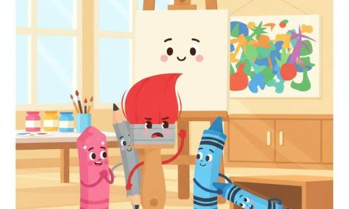 The main character is a bright red paintbrush with slightly tousled bristles, a nervous but brave expression (furrowed brows, small determined mouth) timidly raising its "hand" to speak to the group; Bluey is a sky-blue wax crayon with a round smiling face, relieved and grateful, gently picking up the Sky Blue crayon rolled near the floor edge; Pencil Pete is a slim gray pencil standing behind Ruby with an encouraging face and a hand on her shoulder; Crayon Cathy is a chunky pink chalk applauding softly to the left, eyes bright and joyful; Miss Canvas is a tall wooden easel with a kindly face at the back, smiling proudly. In the colorful art room background are large light-filled windows, a big table covered in paint pots, scattered sheets and a large communal drawing on the wall, and a low cupboard whose shadow reveals a small blue crayon stuck underneath. The main situation: Ruby admits she knocked Sky Blue under the cupboard; the others listen and help in a light, reassuring atmosphere with vivid colors, simple shapes, clean outlines, and a composition centered on the group of friends reunited around the recovered little blue crayon.