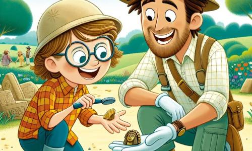 A joyful man, Mr. Explorer, is at the center of the image. He has messy brown hair, wears a plaid shirt and an explorer's hat. His face is lit up by a big smile as he gently brushes a small golden piece he just unearthed, his eyes sparkling with excitement. Next to him is his colleague, Ms. Knowledge, a woman in her 30s with round glasses and brown hair in a bun, carefully examining an engraved stone. She wears a beige blouse and cargo pants, looking focused with a slight smile. The setting is an outdoor archaeological site surrounded by tall green trees and colorful flowers. The sandy ground is dotted with pottery shards and ancient stones, under a clear blue sky with a few white clouds. The main scene shows Mr. Explorer and Ms. Knowledge in the midst of discovery, working together to unearth hidden treasures, filled with the excitement of a new archaeological adventure.