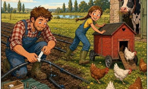 A young man, smiling but focused, holds an irrigation hose and applies a patch to a leak; round face, light beard, plaid shirt, denim overalls and muddy boots. A mischievous 12-year-old girl with braided hair pushes a small red wooden wheeled chicken coop while white and russet hens escape; she stands beside the coop, slightly ahead of the man. A large speckled cow named Daisy with a wet muzzle watches from the barn entrance chewing hay. A wide field of green grass dotted with yellow flowers, dark soil furrows, a distant pond and a line of trees; black irrigation hoses snake across the ground with visible drippers, small dew puddles and tools on a tarp. Morning light, long shadows, clear sky with soft clouds. Colorful Franco-Belgian style, clean lines, warm colors and visible textures (wood, fabric, mud).