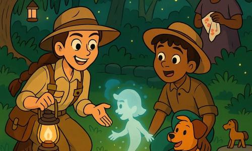 A smiling, determined female explorer with braided brown hair crouches by a small shimmering pool holding a lit lantern and notebook; beside her is Samir, a 10-year-old boy in a wide-brimmed hat, amazed as he pets an orange dog named Mango, while an elderly village woman stands in the background with a grateful smile holding an embroidered handkerchief; the wooded clearing has green grass, white stones, a mossy stone circle, hanging lanterns and fireflies, and the magical scene shows a child-shaped steam mist conversing with the explorer as recovered objects (wooden horse, small copper bell, handkerchief) rest on a nearby stone.