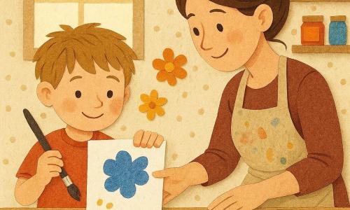A joyful but slightly bashful 4-year-old boy with tousled light brown hair, round cheeks and orange paint on his fingers holds a white card stained with a large blue paint blot and a small brush in his right hand; his mother, about 30–35, brown shoulder-length hair in a loose bun, soft eyes and a paint-splattered apron, crouches to his right, extending a hand to help; on the light wood table are red, gold and blue paint pots, a cup of tea, torn paper flower shapes, a crumpled dish towel and a slice of toast on a plate; a morning kitchen with a square window casting bright light, dotted wallpaper and shelves of colorful jars forms the backdrop; main action: the boy shows the card with the big blue blot and together they turn it into an orange-and-gold flower, gently collaging paper petals around it in a warm, tender atmosphere.
