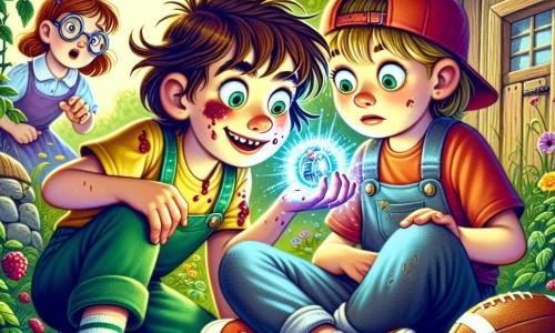 A 10-year-old girl named Millie, with messy brown hair and jam stains on her yellow t-shirt, is sitting on the ground, her eyes wide with surprise and joy. She holds a mysterious, shiny thingamajig that emits a blue glow. Next to her, her 12-year-old brother Leo, wearing a red cap backward and a green t-shirt, leans forward with furrowed brows, intrigued by the thingamajig. Their 11-year-old sister Nora, with round glasses and a book in hand, observes the scene with a curious look and a knowing smile, ready to take notes in her notebook. The scene takes place behind a garden near an old wooden shed covered in ivy, surrounded by wild raspberry bushes and colorful flowers. The ground is littered with soccer balls and pieces of chewing gum glistening in the sun. Millie, amazed, has just discovered the glowing thingamajig, and a palpable sense of excitement fills the air as bubbles float around them, adding a touch of magic to the adventure.