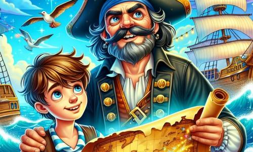 A weathered pirate with a large mustache and a black tricorn hat stands proudly on the deck of the ship The Merry Gull. His determined gaze sparkles with excitement as he holds up a rolled treasure map revealing shimmering golden lines. Beside him, a young boy named Oliver, around 10 years old with tousled brown hair and curious eyes, holds a piece of bread in one hand and admires the map. In the background, the sky is a bright blue with white clouds, while sparkling waves crash against the ship's hull. The scene takes place in a bustling port with colorful sails fluttering in the wind and seagulls soaring above. The main focus shows the pirate and the boy planning their next adventure, surrounded by the excitement of crew members singing and laughing, ready to search for hidden treasures.