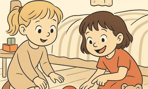 Drie personages: een meisje van ongeveer 4 jaar met blonde dotjes, rond gezicht en nieuwsgierige ogen, knielend links van het bed en reikend naar een rood glanzend maar half verborgen bal; een meisje van ongeveer 4 jaar met kort bruin haar en sproetjes, gehurkt rechts van het bed, wijzend naar de bal met een open glimlach; en een klein beige knuffelbeer met zwarte genaaide ogen op de grond achter de kinderen. Plaats: kinderslaapkamer in doorsnede met lichte houten vloer en klein sterrenkleed, een bed met een verfrommelde deken en gestreept laken, een klein tafeltje met blokken en een laag stoeltje, zachte lichtinval via een raam met gestippelde gordijn. Situatie: de meiden vinden een glanzende rode bal die half onder het bed ligt; hun gezichten tonen vreugde en verrassing, compositie gericht op de vondst van de bal.