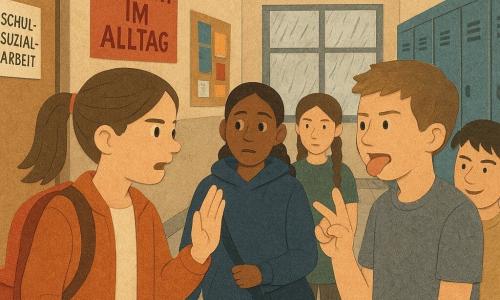 Sechs Personen in einem Schulflur: Lina, 12, helle Haut, kastanienbraune Pferdeschwanz, roter Rucksack, steht links-vorne mit erhobener Hand und bestimmt-ruhigem Gesicht, Amina, 12, dunkelbraune Haut, westafrikanische Herkunft, kleine Zöpfe, dunkelblauer Kapuzenpulli, Sporttasche, rechts von Lina, erleichtert und überrascht, Mira, 12, helle Haut, blonde offene Haare, hält einen kleinen Papierstapel, steht hinter Lina unterstützend, Jule, 12, helle Haut, braune geflochtene Haare, verschränkte Arme, ernst, hinter Amina, bereit zu unterstützen, Junge 1, ~13, helle Haut, kurze Haare, lässige Schulkleidung, steht vor den Mädchen und macht eine spöttische Handgeste, Junge 2, ~13, helle Haut, kichert, leicht hinter Junge 1 mit überheblicher Haltung; Ort: Schulflur mit grauen Bodenfliesen, beigen Wänden, hohen Fenstern mit Regen, blauen Schränken, Pinnwand mit bunten Flyern (u. a. roter Flyer „Respekt im Alltag“) und Tür mit Schild „Schulsozialarbeit“, kaltes Deckenlicht und abgenutzte Plakatreste; Situation: ruhige, gespannte Konfrontation—Lina fordert die Jungen auf, rassistische Hänseleien gegen Amina zu stoppen, Mitschüler schauen zu; visueller Stil: Papiercollage mit ausgeschnittenen Formen, sichtbaren Scherenkanten, Papier- und Stofftexturen, Bleistiftlinien, einfachen kontrastreichen Schatten, neutrale Flurfarben mit kräftigen Akzenten auf Kleidung und Plakaten.