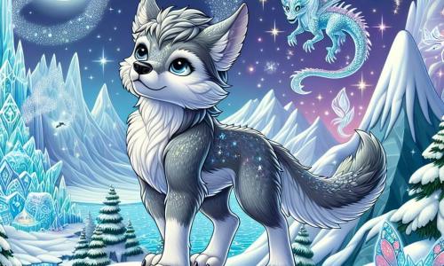 At the top of a frozen mountain, a young werewolf named Wolfie stands proud and brave. He has silver fur that shines under the moonlight, and his eyes sparkle like stars. With a determined look, Wolfie howls for help, his paws firmly planted in the sparkling snow. Beside him, a beautiful ice dragon named Glimmer, with shimmering multicolored scales, flies in the air. She spreads her large wings to create a chilling breeze, helping to preserve the mountain's magic. In the background, tiny ice fairies with translucent, sparkling wings dance around Wolfie, spreading their magic to prevent the ice from melting. The enchanting landscape features sparkling ice palaces, snow gardens, and softly falling snowflakes, creating a magical atmosphere. The main scene shows Wolfie, Glimmer, and the fairies united in a heroic effort to save their home from melting, with expressions of hope and determination on their faces.