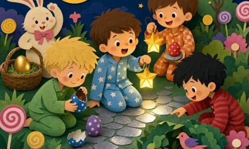 Há cinco personagens: Tomás, 4 anos, cabelo castanho curto, pijama azul-claro com estrelas, no centro segurando uma pequena lanterna amarela, olhar maravilhado; Léo, 4 anos, cabelo loiro desgrenhado, pijama verde, à esquerda ajoelhado abrindo um pequeno ovo de chocolate azul com bolinhas brancas; Bento, 4 anos, cabelo preto, pijama vermelho às riscas, à direita apontando um ovo amarelo escondido sob um pássaro de papel num arbusto miniatura; Rui, 4 anos, cabelo castanho, pijama xadrez laranja, atrás de Tomás segurando uma lanterna e mostrando uma pedra com um ovo vermelho; e um coelhinho da Páscoa de pelo creme com laço rosa atrás de um cesto de vime, acenando e mostrando o último ovo dourado. Cena: jardim de sonho noturno em estilo papel recortado com relva em camadas, flores tipo doces (rosa, amarelo, roxo), lua amarela ao fundo, arbusto e pedra sorridente; solo salpicado de treliças prateadas brilhantes. Situação: as quatro crianças reúnem-se em círculo ao redor do cesto, iluminadas por pequenas lanternas em forma de estrela, procurando e partilhando ovos de chocolate num ambiente caloroso de cores vivas, texturas em sobreposição e expressões de alegria e partilha.