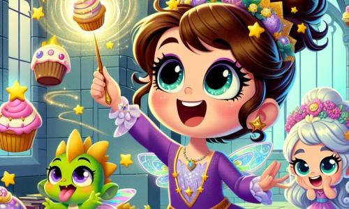 No centro da imagem, uma aprendiz de bruxa chamada Lia, uma menina de sete anos com cabelos desgrenhados e olhos brilhando de curiosidade, está lançando um feitiço. Ela usa um vestido roxo adornado com estrelas douradas, e seu rosto expressa uma alegria contagiante. Seus braços estão levantados, segurando uma varinha mágica cintilante, enquanto ao seu redor, cupcakes voadores giram no ar. À sua direita, Tito, um pequeno dragão verde de oito anos com escamas brilhantes, está rindo enquanto tenta pegar um cupcake com a língua. À esquerda de Lia, Bella, uma pequena fada de seis anos com asas iridescentes e um vestido de pétalas de flores, faz gestos cômicos para distrair os cupcakes. O cenário é uma sala de aula mágica, com paredes de pedra decoradas com quadros animados e janelas de cristal que deixam entrar luz colorida. A situação principal mostra Lia e seus amigos em plena diversão, tentando dominar um feitiço que criou uma chuva de cupcakes, repleta de risos e magia.