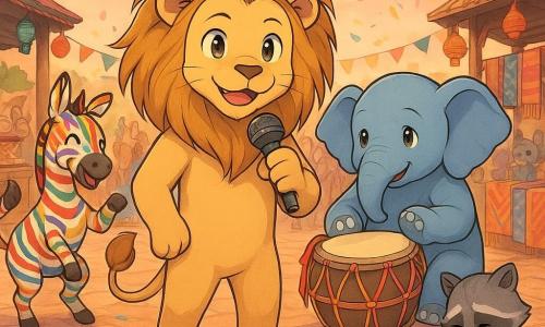 Leo, um pequeno leão de pelo bege claro e longa juba dourada, sorri determinado no centro segurando um microfone; Ravi, um jovem elefante indiano gris-azulado de olhos doces, emocionado e orgulhoso, sentado ao lado tocando um dhol redondo decorado com fitas vermelhas e douradas; Zara, uma pequena zebra de riscas multicoloridas vibrantes inspiradas na África, ri e faz gestos de dança atrás deles; dois guaxinins tímidos de pelagem cinzenta com riscas pretas ficam recuados com a cabeça baixa e mãos unidas em sinal de remorso. A praça da aldeia está cheia de festões coloridos, barracas de madeira com bolos e tecidos, e um palco de madeira decorado com lanternas; luz suave do fim da tarde, céu rosado, confetes e pétalas no ar, chão de calçada em tons quentes. Cena central: desfile alegre que expressa amizade e apoio, rostos de crianças-animais aplaudindo com emoções bem marcadas; estilo gráfico com traços mangá expressivos, cores saturadas, texturas de pelo detalhadas e composição clara para público jovem.