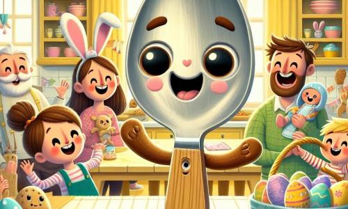 Cucchielmo, un cucchiaio antropomorfico con grandi occhi brillanti e un sorriso gioioso, si trova al centro della cucina, circondato da decorazioni colorate di Pasqua. Sta saltando di gioia, con le braccia di legno sollevate verso il cielo, esprimendo un'eccitazione contagiosa. Accanto a lui, la famiglia Rossi, composta da un papà gioviale con barba bruna, una mamma sorridente con capelli biondi, una piccola ragazza con due codini e un ragazzo birichino con occhiali, ridono insieme tenendo cesti pieni di uova colorate. La cucina è calda e accogliente, con pareti dipinte di giallo pastello, un grande tavolo di legno al centro, decorato con biscotti a forma di coniglio e uova di cioccolato, e festoni di fiori di carta appesi al soffitto. Cucchielmo scopre un uovo di Pasqua scintillante sulla tavola, pronto per iniziare un'avventura magica, mentre la famiglia si prepara a partecipare alla caccia alle uova, piena di gioia e anticipazione.