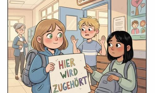Ein 12-jähriges Mädchen mit hellbraunem Bob, grünen besorgten aber fürsorglichen Augen, blauer Jacke und zu großem Rucksack hält sanft ein großes farbiges Poster mit der Aufschrift HIER WIRD ZUGEHÖRT und blickt mit schüchternem, beschützendem Lächeln auf die neue Schülerin; eine etwa 11-jährige Daria mit glatten schwarzen Haaren und olivem Teint sitzt neben ihr auf einer Bank, wirkt reserviert aber erleichtert, berührt mit zwei Fingern die Ecke des Posters und trägt einen schweren Rucksack; ein etwa 12-jähriger Junge, Jannis, mit zerzaustem blondem Haar steht etwas zurück, errötet und hebt beschwichtigend die Hände; eine Lehrerin mit grauem Dutt steht aufmerksam bei der Klassentür und hält einen Ordner; Schauplatz ist ein heller Schulflur mit pastellfarbenen Wänden, bunten Spinden, Postern und einem auf Kinderhöhe aufgehängten Plakat, heller Kachelfußboden und warmes Fensterlicht; zentrale, ruhige, mitfühlende Szene, in der das Poster als Zeichen von Aufnahme und Solidarität gezeigt wird, mit sanfter Gestik, beruhigten Gesichtsausdrücken und einer weichen, warmen Farbpalette.