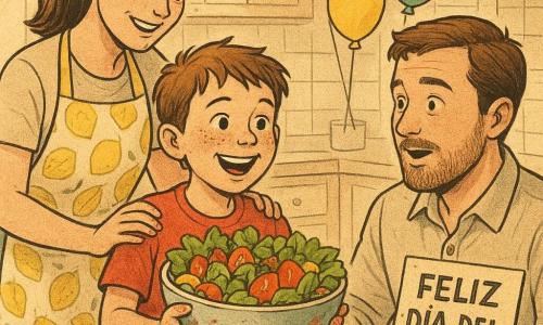 Niño de 8 años de rostro redondo y pecas, pelo castaño corto algo despeinado, ojos brillantes y amplia sonrisa, con dedos manchados de jugo de tomate, de pie junto a una mesa baja sosteniendo orgulloso un gran cuenco de ensalada colorida; a la izquierda, la madre (unos 35 años) con coleta y delantal de limones, sonriente y con la mano en el hombro del niño; frente a ellos, el padre (unos 37 años) con barba ligera, sentado, sorprendido y emocionado, mirando la ensalada y estrechando la mano del niño; cocina familiar luminosa con luz cálida, azulejos claros, muebles de madera pálida, algunos globos y un cartel hecho a mano junto al cuenco; escena de sorpresa por el Día del Padre: el niño presenta su “ensalada arcoíris”, la mesa muestra colores rojo, naranja, verde y amarillo, ambiente tierno y alegre, texturas visibles (hojas, gotas, brillo de los tomates), estilo impresión en papel de periódico con colores cálidos ligeramente desaturados y trazos de tinta, composición centrada en los rostros y el cuenco.