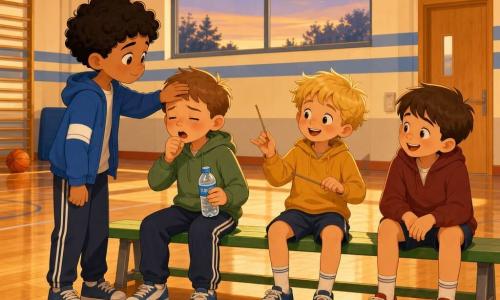 Quattro bambini di 7 anni su una panchina verde dopo l'allenamento di minibasket: Leo, biondo chiaro corto, guance rosse, tiene una piccola bottiglia d'acqua nella mano destra e tossisce leggermente; Sami, pelle olivastra e capelli neri ricci, in piedi leggermente a sinistra, posa la mano sulla fronte di Leo per controllare la febbre; Nico, biondo spettinato, seduto a destra, sorride mimando di dirigere un'orchestra con la mano sinistra; Tommi, castano scuro, seduto all'estrema destra, ride piano con le mani sulle ginocchia. Ambientazione: palestra scolastica interna con parquet lucido, pareti crema con strisce blu, grande finestra rettangolare che mostra un cielo crepuscolare, porta in legno chiaro e luci fluorescenti che proiettano ombre lunghe; atmosfera dolce e attenta, colori caldi e luce di fine giornata.