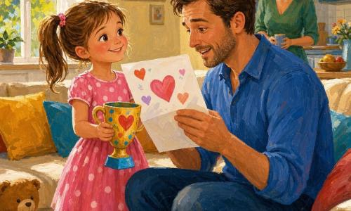 Una bambina di 6 anni, gioiosa e fiera, capelli castani in due codini e vestito rosa a pois, porge una lettera decorata di cuori e una coppetta di carta colorata a suo padre di circa 38 anni, seduto su un divano beige con camicia blu e barba corta, che la riceve sorpreso ed emozionato; la madre di circa 35 anni, capelli castani raccolti e vestito verde, osserva sorridendo vicino alla cucina; salotto luminoso con pavimento in legno chiaro, cuscini colorati e giocattoli su un basso tavolo, luce mattutina, palette vivace e texture di pittura acrilica che conferiscono un'atmosfera calda e familiare.