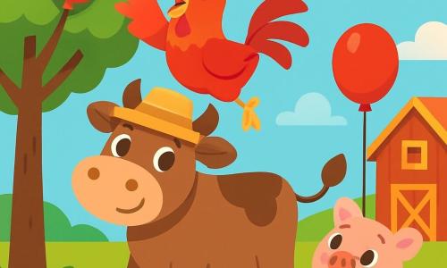 Un gallo gioioso di nome Gigi, con piume rosse brillanti e un becco giallo vivo, salta con entusiasmo sulla schiena di una grande mucca marrone, sorridente e amichevole, con un cappello di paglia. Accanto a loro, un piccolo maialino rosa di nome Max, con occhi scintillanti, guarda con ammirazione, tenendo un palloncino rosso tra le sue piccole zampe. La scena si svolge in una fattoria soleggiata, circondata da campi verdi e un cielo blu punteggiato di nuvole bianche e soffici. Gigi, mentre salta, cerca di afferrare un palloncino rosso incastrato in un albero, mentre Max e Tina lo incoraggiano con sorrisi luminosi.