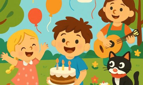Ci sono 4 personaggi: Leo, un ragazzo di 6 anni con capelli castani in disordine e occhi vivaci, indossa una maglietta blu con un sole e pantaloni corti gialli, è al centro sorridente con una grande torta di compleanno; Sofia, una ragazza di 5 anni con capelli biondi intrecciati e occhi verdi, indossa un vestito rosa a pois bianchi, è a sinistra di Leo saltando di gioia; il signor Gatto, un gatto bianco e nero con grandi occhi curiosi e un papillon rosso, è seduto su un tavolo a destra guardando la torta con aria maliziosa; la signora Rosa, una donna di mezza età con capelli castani e un grembiule colorato, è sullo sfondo sorridente mentre suona la chitarra. La scena si svolge in un parco soleggiato pieno di fiori colorati e alberi verdi, con palloncini multicolori nell'aria e una grande tovaglia a quadretti sull'erba decorata con dolci. Leo festeggia il suo compleanno circondato dai suoi amici, cantando 