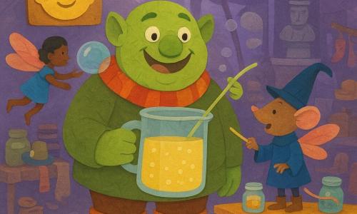 A huge round ogre with a gentle face, wide smile and bright eyes, joyful and slightly surprised, holds a large bucket of sparkling lemonade and sips cautiously; his green skin looks like crumpled paper, he wears a red-and-yellow knitted scarf and oversized patterned boots. Milo, a small boy mouse magician in a short blue robe with a spoon-hat and tiny wand, stands on the stand’s table to the ogre’s right, threading a long straw into the bucket, looking enthusiastic and a little nervous. Pippa, a tiny girl pixie with translucent pink-orange wings and leaf-leather shoes, floats above the stand to the ogre’s left, concentrating as she guides a giant bubble toward a fallen “Laughing Lemonade” sign. The wooden polka-dot stand has colorful tablecloths, shimmering jars and odd market items around it; the Misty Market fills the background with purple misted aisles, warm hanging lights, fantastical stalls and a big stone bench with a stern statue. The scene shows the ogre tasting the lemonade while Milo and Pippa calm things by using the bubble to gently lift the recovered sign; lively atmosphere, vivid colors, strong contrasts, visible paper-cut textures, plus playful details like translucent bubbles, drawn laughter waves, cookie crumbs, a giant straw and soft shadows for depth.