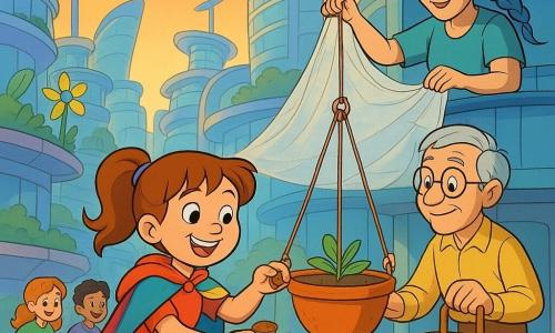Una niña de 6 años, alegre y decidida, con coleta y capa de retazos coloridos y rodillas sucias, planta una semilla en una jardinera colgante mientras sonríe; un anciano de unos 70 años, de cabello gris y gafas redondas, sostiene una caja de herramientas y ajusta una cuerda de soporte y una mujer de unos 45, con trenzas grisazuladas y manos ágiles, tiende una tela ligera desde un balcón superior; varios niños de 6 a 9 años en patines solares pasan al fondo con macetas, todos apoyan a la niña en una calle alta y luminosa de una ciudad futurista con balcones en hilera, pasarelas translúcidas, paneles solares en forma de flor, torres de vidrio y pequeñas hélices decorativas; ambiente cálido de crepúsculo, colores vivos, texturas de madera, metal y hojas verdes, expresiones amables y composición clara y legible para niños.
