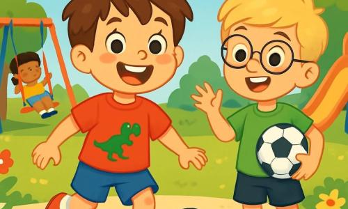 Ein 6-jähriger Junge namens Lukas mit unordentlichen braunen Haaren und neugierigen, glänzenden Augen steht im Mittelpunkt eines Spielplatzes. Er trägt ein rotes T-Shirt mit einem Dinosaurier-Motiv und eine blaue Shorts. Sein Gesicht strahlt Freude aus, mit einem breiten Lächeln und rosigen Wangen, während er sich darauf vorbereitet, einen Fußball zu treten. Neben ihm steht ein 7-jähriger Junge namens Tim mit blonden Haaren und runden Brillen, der lächelt und ihn ermutigt. Er trägt ein grünes T-Shirt und schwarze Shorts und hält einen Fußball unter dem Arm. Im Hintergrund spielen andere Kinder auf bunten Schaukeln und einer großen Rutsche, während grüne Bäume und bunte Blumen den Spielplatz säumen. Die Szene zeigt, wie Lukas kurz davor ist, seine Angst zu überwinden und mit seinen neuen Freunden Fußball zu spielen, was einen Moment von Mut und Kameradschaft darstellt.