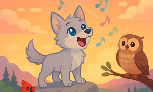 A young silver-furred wolf pup with bright, starry blue eyes stands proudly on a mountaintop rock, mouth open singing and fur blown by the wind; a wise brown-beige owl with textured feathers perches on a low right branch watching proudly; a vivid red cardinal sits on a left bush with wings slightly spread, singing; textured gray boulders, cottony clouds reflecting a pink-orange sunset, silhouetted pines and a distant green valley and clearing; colorful translucent musical notes rise and echo around the rocks, gentle magical adventure mood, warm high-contrast colors, clear simple children's book style.