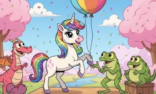 Glitzer, ein Einhornmädchen, strahlt schelmische Freude, Regenbogenmähne, perlmuttweißes Fell mit Glitzerflecken, hält einen großen mehrfarbigen Ballon und trabt über eine kleine Holzbühne; neben ihr Quakfred, ein Froschjunge, leuchtend grün, mit rundem Maul, erzählt eine Witz, steht nach vorn gebeugt auf einer Kiste rechts von ihr; Publikum aus lustigen Kreaturen: ein lachender rosa Drache, tanzende Mäuse und ein großer protziger Frosch, alle in gesättigten Farben und übertriebenen Gesichtsausdrücken; Schauplatz Regenbogenland: zuckerwattenrosa Bäume, funkelnder Limonadenfluss, tiefe fluffige Marshmallow‑Wolken; Bühne beleuchtet von bunten Lichterketten, Konfetti fällt; Hauptsituation: Einhorn bereit, beim Wettbewerb seinen Witz zu erzählen, selbstbewusste fröhliche Haltung, lachendes Publikum, festliche zuckrige Atmosphäre; Grafikstil: dicke Konturen, kräftige gesättigte Farben, weiche Texturen, warme komische Stimmung, Nahaufnahme der Bühne.