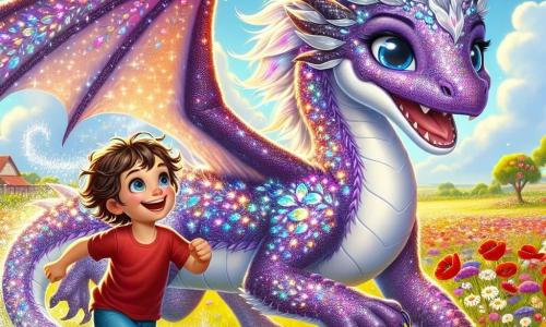 Ein funkelnder Drache namens Lila mit schimmernden lila- und silberfarbenen Schuppen drückt strahlende Freude aus, während sie in einem bunten Blumenfeld spielt. Ihre leuchtenden Augen funkeln vor Aufregung, während sie leicht in die Luft aufsteigt und eine Spur aus Sternenstaub hinterlässt. An ihrer Seite läuft ein kleiner Junge namens Max, etwa 8 Jahre alt, mit zerzausten braunen Haaren und einem strahlenden Lächeln, durch die Blumen, die Arme weit geöffnet, bereit zu springen. Er trägt ein rotes T-Shirt und eine blaue Shorts und schaut Lila mit Staunen an. Der Ort ist ein wunderschönes, sonniges Feld, übersät mit leuchtend bunten Blumen: roten Mohnblumen, weißen Margeriten und gelben Sonnenblumen, unter einem hellblauen Himmel mit ein paar fluffigen Wolken. Die Hauptsituation zeigt Lila und Max, die zusammen spielen, der Drache schwebt anmutig über den Blumen, während Max lachend läuft und eine Szene voller Glück und Freundschaft in einer fantastischen Welt schafft.