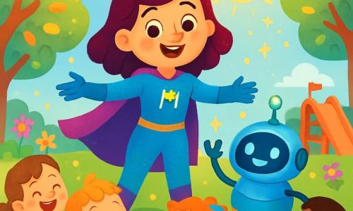 Eine Superheldin, Mira, ist eine lächelnde Frau mit glänzendem Haar und einem bunten, blau-violetten Kostüm, das in der Sonne funkelt. Sie steht stolz mit offenen Armen, bereit zu helfen, mit funkelnden Augen voller Begeisterung. Neben ihr ist Pip, ein kleiner runder und freundlicher Roboter mit glänzender Oberfläche und blinkenden Lichtern. Er rollt fröhlich und hebt einen Arm zur Begrüßung. Der Ort ist ein magischer Park, gefüllt mit Bäumen mit leuchtenden Blättern, bunten Blumen und Spielplätzen. Funkelnde Lichter tanzen in der Luft und schaffen eine fröhliche und einladende Atmosphäre. Die Hauptsituation zeigt Mira und Pip umgeben von Kindern, die lachen und applaudieren, während sie versuchen, die verrückten blinkenden Lichter zu beruhigen. Die Kinder, Jungen und Mädchen von etwa 6 Jahren, sitzen auf dem grünen Gras, begeistert und ungeduldig, und schauen Mira bewundernd an.