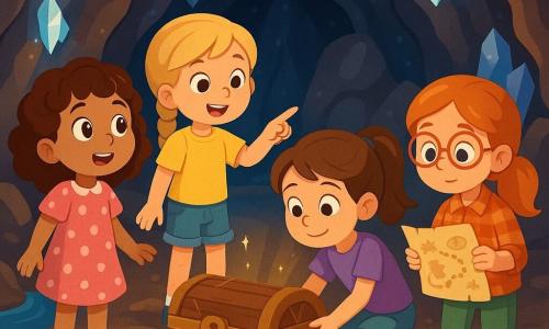 Four 7-year-old girls stand in the center of a beautiful sparkling cave. Lily, with curly brown hair in a pink polka dot dress, gazes in awe at the shimmering crystals. Mia, with braided blonde hair in a yellow t-shirt and denim shorts, points at an ancient dusty chest covered in cobwebs. Zoe, who has a colorful cast on her leg and brown hair in a ponytail, crouches near the chest in a purple t-shirt, ready to open it. Emma, with red hair and glasses in a plaid shirt and green pants, holds a treasure map, carefully examining the symbols. The cave is illuminated by sparkling crystals hanging from the ceiling, creating a magical atmosphere, with shiny rock-covered walls and a gentle stream flowing inside, adding mystery. The girls are about to open a mysterious chest, hoping to discover hidden treasure, as a golden glow emanates from it, promising adventures and surprises.