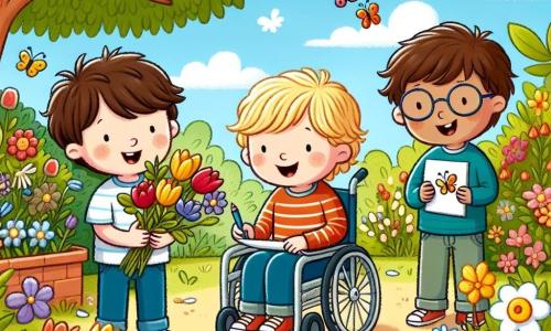 In a flower garden, three friends are gathered. Max, an 8-year-old boy with messy brown hair and a bright smile, stands on the left holding a bouquet of colorful flowers. Next to him, Leo, a 7-year-old boy with blond hair and sparkling eyes, is drawing a butterfly on a piece of paper. Sam, a 9-year-old boy in a wheelchair with brown hair and glasses, is in the center, smiling and happily watching his friends. The garden is filled with vibrant flowers: red tulips, yellow daffodils, and violets swaying in the wind. A large leafy tree stands in the background, providing shade and a peaceful atmosphere. The sky is bright blue with a few white clouds. The three friends are having fun searching for spring treasures like flowers and leaves while laughing and enjoying the beauty of nature around them.
