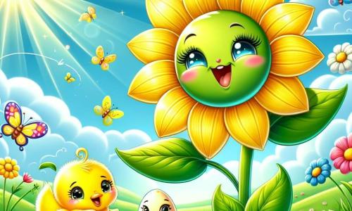 An illustration depicts a joyful flower with bright yellow petals and a smiling face, gently swaying in a spring breeze. It expresses great joy and enthusiasm, arms open towards the sunny sky. Next to it, a small green bud with delicate leaves and a curious face jumps with excitement, eyes sparkling. A fluffy yellow chick, with bright eyes, chirps happily while rubbing against the bud. The main setting is a green field dotted with colorful flowers under a clear blue sky, with sunlight illuminating the landscape. Colorful butterflies dance around the flowers, adding a touch of magic. The main scene shows the three characters discovering a shiny egg that has just hatched, surrounded by blooming flowers and soft grass inviting them to play. Additional graphical elements include fluffy clouds floating in the sky, cheerful insects buzzing around, and flowering trees adding color and life to this spring scene.