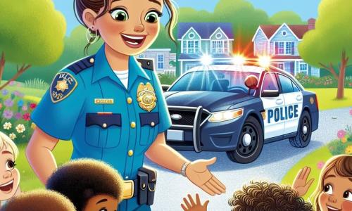 A smiling policewoman named Sunny is a woman in her thirties with brown hair tied in a bun, wearing a bright blue uniform with a shiny badge. She is crouched down, surrounded by children, her face radiating joy and kindness. A 6-year-old boy with messy blonde hair and a red t-shirt enthusiastically raises his hand, his eyes sparkling with curiosity. A 7-year-old girl with curly hair and a flower dress looks at the policewoman with admiration, a big smile on her face. The scene takes place in a sunny park with lush green trees, colorful flowers, and a gravel path. In the background, there is a pretty house and a blue sky dotted with white clouds. Sunny shows her shiny police car to the children, who are amazed by the flashing lights. The children clap and express their desire to become heroes by helping others, while Sunny explains the importance of kindness.