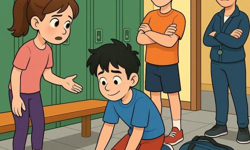 The protagonist is 12-year-old Maya—anxious but determined, brown hair in a ponytail—standing by a bench and speaking softly to a seated boy; 12-year-old Nico is shy and relieved, kneeling to wipe a small puddle with paper towels while his sports bag lies beside him; 12-year-old Tyler is arrogant and mocking, arms crossed with a smirk, leaning against a green metal locker a few steps away; Ms. Grant, an adult coach, stands in the doorway calm and firm with a whistle and clipboard, watching protectively; the bright, noisy gym locker room has rows of green lockers, a varnished wooden bench, gray tile and scattered sports bags; the scene is a tense but protected, peaceful confrontation with Maya supporting Nico, Tyler observing with contempt, and Ms. Grant overseeing.