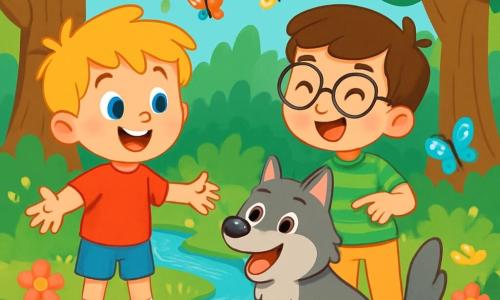 There are 3 characters: - Timmy: a 6-year-old boy with messy blonde hair and sparkling eyes. He wears a red t-shirt and blue shorts. He stands smiling with open arms, ready to welcome his new friend. - Tommy: a 6-year-old boy with brown hair and round glasses. He wears a green striped shirt and beige pants. He is slightly in the background, laughing and pointing at Wolfie. - Wolfie: a medium-sized gray wolf with soft fur and bright friendly eyes. He sits on his hind legs with a joyful expression, his tail wagging happily. The setting is an enchanted forest with tall, thick-trunked trees creating a natural canopy of green leaves. Colorful pink and yellow flowers dot the ground, and a sparkling stream winds between the rocks, reflecting sunlight. Multicolored butterflies flutter around, adding a touch of magic to the scene. The main situation shows Timmy, Tommy, and Wolfie playing together, laughing and running in the forest. Timmy opens his arms to welcome Wolfie, while Tommy, with a big smile, points at the joyful wolf. The atmosphere is filled with joy and friendship, illustrating the moment they become good friends.