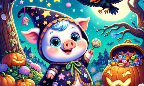 Um pequeno porquinho travesso chamado Tico, com pelagem branca brilhante e grandes olhos azuis cheios de curiosidade, está no centro da cena, com um largo sorriso no rosto enquanto usa um traje de Halloween colorido cheio de estrelas. Ao seu lado, uma alegre corvo pequena com penas pretas e brilhantes, com olhos travessos, voa rindo, segurando um doce cintilante no bico. Não muito longe deles, uma grande árvore com um rosto amigável, suas ramificações estendidas como braços, parece incentivá-los com um sorriso caloroso. A cena se passa em uma floresta encantada, onde as árvores falam e as flores dançam, iluminada por uma lua brilhante e estrelas cintilantes, criando uma atmosfera mágica e festiva. Ao fundo, um grande baú cheio de doces coloridos brilha sob a luz da lua, enquanto Tico e seus amigos se preparam para compartilhar suas descobertas com todos os animais da floresta, celebrando juntos a magia do Halloween.