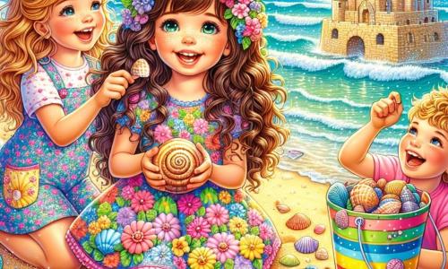 A 6-year-old girl named Lily stands at the edge of a sunny beach, her face beaming with joy and excitement. She has long brown hair, sparkling eyes, and wears a colorful floral dress while holding a bucket filled with shiny seashells. Next to her is Mia, a 6-year-old girl with curly hair in a pink dress, smiling while holding a large spiral shell. A little further away, Jake, a 6-year-old boy with blonde hair in a blue t-shirt, is building a sandcastle, laughing enthusiastically. The scene is set on a beautiful golden sandy beach with gentle waves lapping at the shore and colorful shells scattered on the ground. The sky is a bright blue, dotted with fluffy white clouds. The main focus shows Lily, Mia, and Jake playing together, building a large sandcastle, laughing, and sharing stories, illustrating the magic of friendship by the sea.