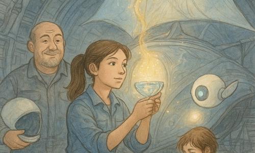 Mira, tânără, cu fața deschisă și hotărâtă, păr brun prins în coadă, poartă salopetă de lucru albastră ușor murdară și ține o cupă mică de cristal sclipitoare în fața părții din față a navei; Doru, bărbat în jur de 50 de ani, voinic și binevoitor, cască pe umăr, zâmbește mândru și stă puțin în spatele Mirei la stânga, cu o mână liniștitoare pe o consolă; Puf, mic robot-sferă alb cu două aripioare și un ochi luminat, plutește vesel în dreapta și proiectează o lampă rotundă pe cupă; Nela, femeie de circa 30 de ani cu păr scurt și salopetă pătată, ajustează o șurubă a carenei, ghemuită în prim-plan stânga. Locul: hangar orbital mare, podea metalică striată, pasarele și brațe mecanice suspendate; în centru, prova strălucitoare a navei “Sirena-Aurora” cu rune luminoase și un material translucid care se unduiește. Situația: echipa varsă lumină economisită în cupă în fața nucleului navei; scântei albastre și fire aurii urcă către rune, creând o atmosferă caldă și plină de speranță. Paleta: griuri metalice și argintii, accente de albastru profund și auriu pentru lumină, tonuri pastelate blânde pentru personaje; tonalitate generală: optimistă, intimă și magică, compoziție centrată pe Mira și cupă, detalii fine în tuș și acuarelă.