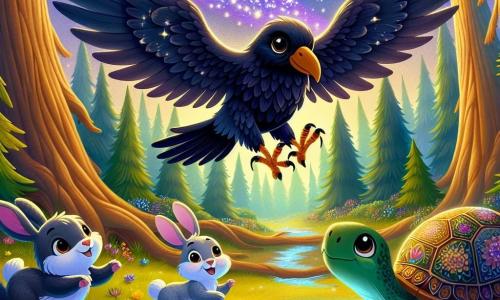 Un cuervo llamado Cloro, con plumas brillantes como la luna y ojos negros profundos, vuela alegremente sobre un claro del bosque, su expresión llena de determinación y alegría. A su lado, un pequeño conejo llamado Tico, con grandes orejas y pelaje suave, salta con entusiasmo, mientras que una tortuga sabia llamada Lala, con un caparazón adornado de motivos coloridos, avanza lentamente sonriendo, observando el paisaje. El lugar es un hermoso claro del bosque, rodeado de árboles majestuosos con troncos gruesos, y flores brillantes de todos los colores que bailan al ritmo del viento. En el centro, una fuente de agua mágica brilla como estrellas, iluminando el rostro de los animales con un resplandor suave y cálido. La situación principal muestra a Cloro, Tico y Lala unidos en su búsqueda para salvar el bosque, llenos de esperanza mientras se dirigen hacia la fuente de agua mágica, listos para devolver la vida a su mundo.