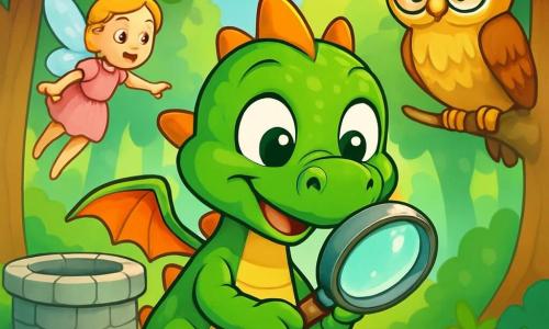 Ein kleiner Drache namens Fino, mit glänzenden grünen Schuppen und großen neugierigen Augen, steht im Zentrum des Bildes und zeigt einen Ausdruck von Aufregung und Entschlossenheit. Er hält eine magische Lupe in seinen kleinen Pfoten und untersucht aufmerksam den Boden. Rechts von ihm sitzt eine weise Eule mit braunen und goldenen Federn und runden Brillen auf der Nase, die Fino ermutigend ansieht, während sie auf einem Ast sitzt. Links zeigt eine kleine Fee mit glitzernden Flügeln und einem rosa Kleid, deren Augen voller Hoffnung sind, auf einen alten Steinkbrunnen, wo sie denkt, ihren wertvollen Zauberstab verloren zu haben. Der Ort ist ein wunderschöner Stadtwald mit dicken Baumstämmen, lebhaften grünen Blättern und Sonnenstrahlen, die durch das Laub filtern und eine verzauberte Atmosphäre schaffen. Die Hauptsituation zeigt Fino und seine Freunde auf der Suche, bereit, das Geheimnis des verschwundenen Zauberstabs der Fee zu lösen, umgeben von Magie und Abenteuer.