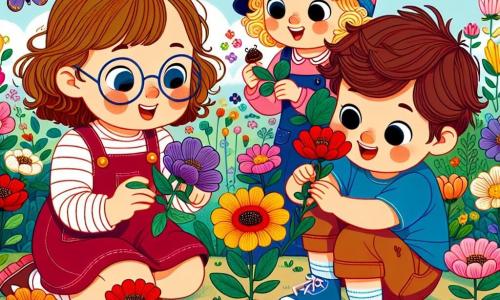 In einem blühenden Garten haben drei Freunde Spaß. Mia, ein 7-jähriges Mädchen mit braunen Haaren und runden Brillen, hockt neben einer bunten Blume und riecht daran, während sie lächelt. Neben ihr hält Lila, ein 6-jähriges Mädchen mit lockigen blonden Haaren, eine kleine Erbse in den Händen und staunt über die Farben der Blumen. Schließlich beobachtet Tom, ein 8-jähriger Junge mit kastanienbraunen Haaren und einer blauen Kappe, einen Marienkäfer auf einem Blatt, seine Augen leuchten vor Neugier. Der Garten ist mit leuchtenden Blumen in allen Farben gefüllt: rot, gelb, violett und blau, während Schmetterlinge umherfliegen. Der Himmel ist klarblau mit fluffigen weißen Wolken. Die drei Freunde gießen die Pflanzen mit ihren kleinen Gießkanistern, lachen und spielen zusammen, während die Sonne fröhlich auf sie scheint.
