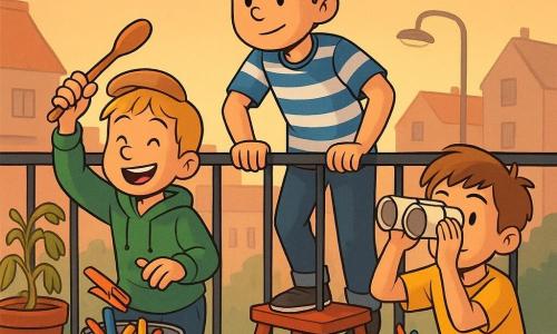Drie jongens op een klein stadsbalkon bij ondergaande zon: een circa 10-jarige met warrig bruin haar en blauw-wit gestreept T-shirt staat op een rood krukje voor de metalen balustrade, gebogen als een expeditieleider, vastberaden blik en handen op de leuning; links een circa 9-jarige blond met een houten lepel als helm en een groen sweatshirt, lachend en een grote oranje wasknijper vasthoudend die hij naar een metalen emmer gooit; rechts een circa 8-jarige met lichtbruin haar en geel T-shirt knielt, geconcentreerd kijkend door aan elkaar geplakte wc-rolletjes als “verrekijker”, naast een zak chips dichtgeknepen met wasknijpers. Het balkon heeft een versleten rood krukje, een beetje verwelkende potplant, een emmer vol gekleurde wasknijpers, een oude krant met kleurpotloden op de grond en op de achtergrond daken en een lantaarnpaal; warme namiddaglicht, lange schaduwen en oranje-pastel lucht, vrolijke, chaotische sfeer waarbij alledaagse voorwerpen als avontuurspeelgoed dienen.