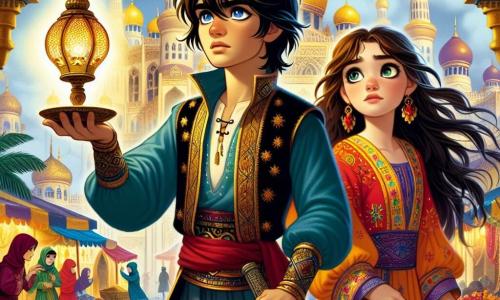 Aladdin, un tânăr cu părul negru ca abanosul și ochi strălucitori ca stelele, stă curajos în centrul imaginii, cu fața determinată și plină de speranță, pregătit să înfrunte răul. Poartă o pereche de pantaloni largi și o tunică colorată, împodobită cu modele orientale, și ține în mâna dreaptă o lampă veche, simbol al legăturii sale cu lumea magică. Lângă el, prințesa Jasmine, o tânără de aproximativ 18 ani, cu părul lung brunet și ochi sclipitori, stă mândră, îmbrăcată într-o rochie strălucitoare, cu brațele încrucișate și o expresie de încredere și sprijin. Ea îl privește pe Aladdin cu admirație, pregătită să-l ajute în căutarea sa. În fundal, palatul Agrabah se ridică măreț, cu domuri aurii și arcade delicate, înconjurat de palmieri luxurianți și piețe animate, unde se pot observa tarabe colorate pline de fructe și condimente. Scena îi prezintă pe Aladdin și Jasmine, uniți în lupta lor împotriva răului, pregătindu-se să dezvăluie complotul lui Jafar, vizirul malefic, într-un moment de tensiune și aventură, unde curajul și prietenia strălucesc deasupra umbrelor pericolului.