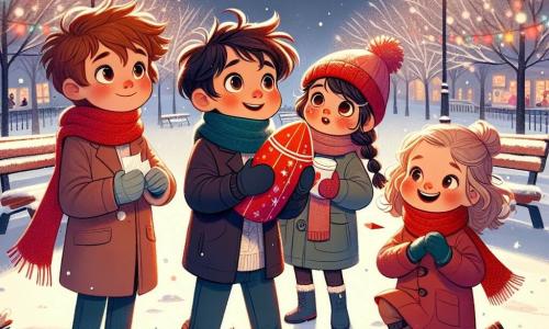 En un parque nevado, cuatro niños están juntos, rodeados de copos de nieve que caen suavemente. Nico, un niño de nueve años con el pelo castaño desordenado y una sonrisa traviesa, sostiene una cometa roja en sus manos, listo para lanzarla. Junto a él, Marta, una niña de cabello rubio trenzado y gafas redondas, observa atentamente la carta adjunta a la cometa, con su rostro iluminado por la emoción. Leo, un niño de cabello negro y ojos brillantes, se queda atrás, con los brazos cruzados, mostrando una expresión decidida, listo para animar a sus amigos. Finalmente, Clara, una niña de rizos castaños claros y un gorro rojo, ríe alegremente, sosteniendo una taza de chocolate caliente en sus manos. El parque es un cuadro de ensueño, con árboles cubiertos de nieve brillante, un gran árbol de Navidad iluminado al fondo y guirnaldas coloridas adornando los bancos. Los niños están a punto de lanzar la cometa al cielo, esperando que su mensaje para Papá Noel llegue al Polo Norte, llenos de esperanza y magia navideña.