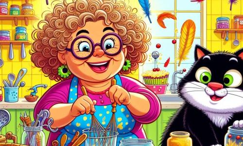 Doña Rita, una mujer alegre con cabello rizado y gafas redondas, está en el centro de su colorida cocina, rodeada de utensilios brillantes. Sonríe ampliamente, con los ojos llenos de emoción, mientras mezcla plumas y piezas de metal para crear su máquina de cosquillas. A su lado, el gato Pelusa, un gran gato negro con ojos verdes, está en la mesa, con una expresión curiosa, listo para saltar. La cocina está llena de colores vivos: las paredes son amarillas y las estanterías están llenas de tarros de caramelos y herramientas de invención. Dibujos de invenciones extravagantes decoran las paredes. En esta escena, Doña Rita está creando, rodeada de plumas que vuelan, mientras Pelusa, intrigado, está a punto de hacer caer un tarro de mermelada.